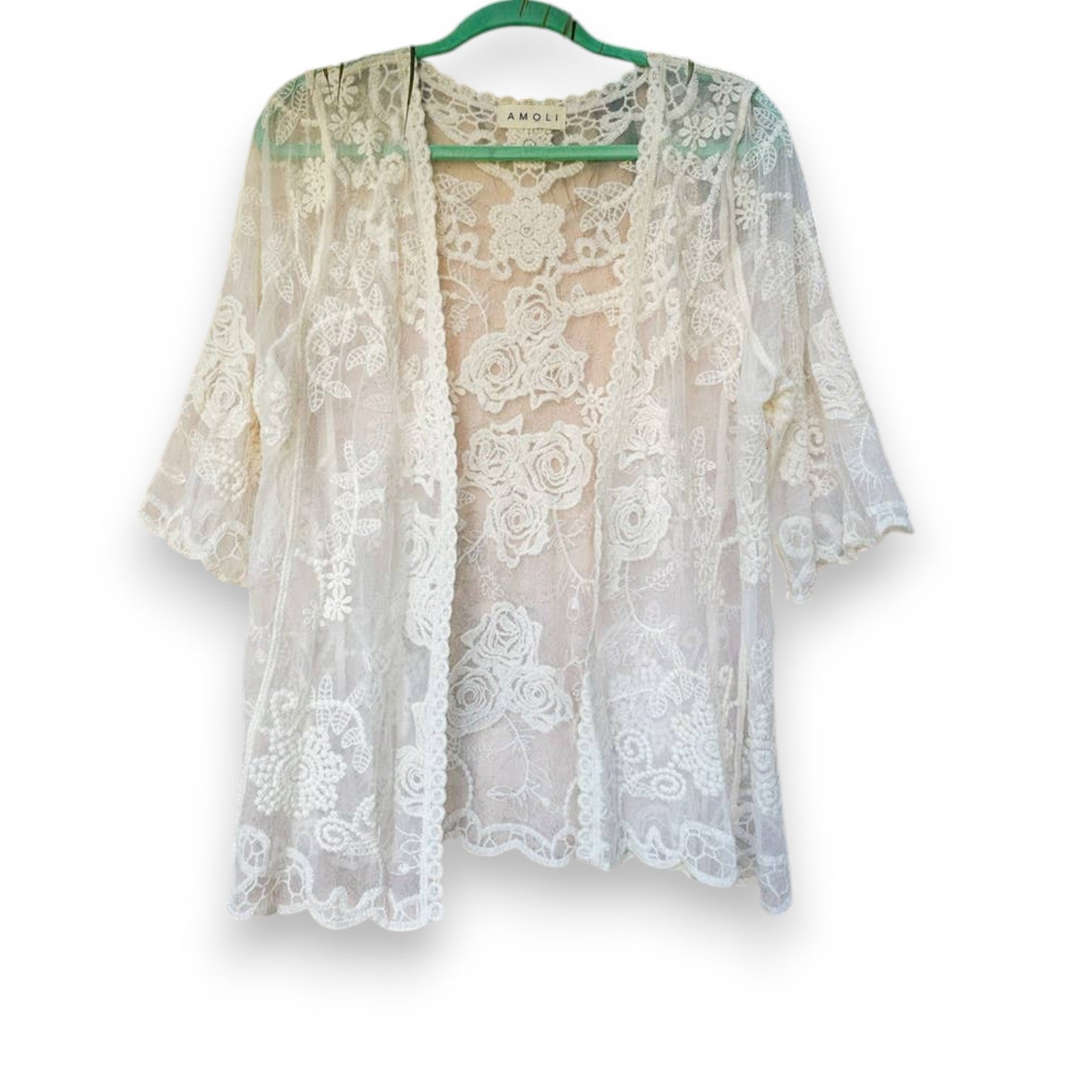 Ivory Floral Lace Sheer Short Sleeve Kimono - Mellow Monkey