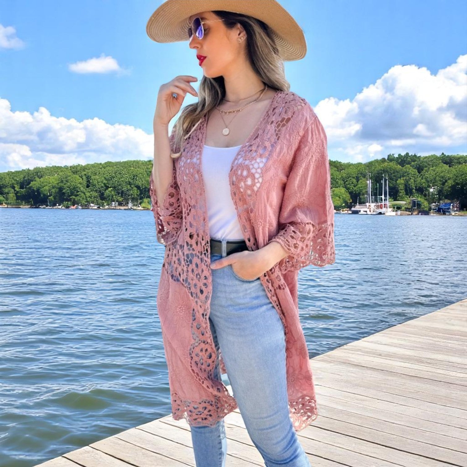 Mauve Pink Floral Textured Lace Detail Kimono - Mellow Monkey