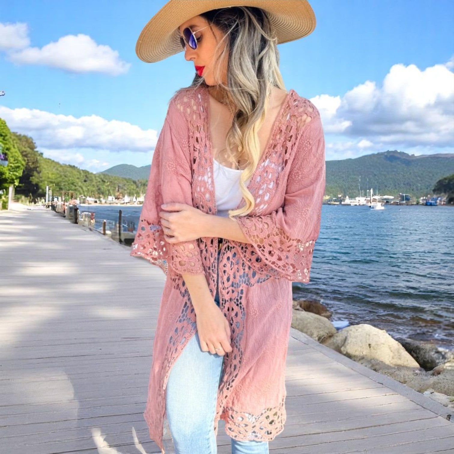Mauve Pink Floral Textured Lace Detail Kimono - Mellow Monkey