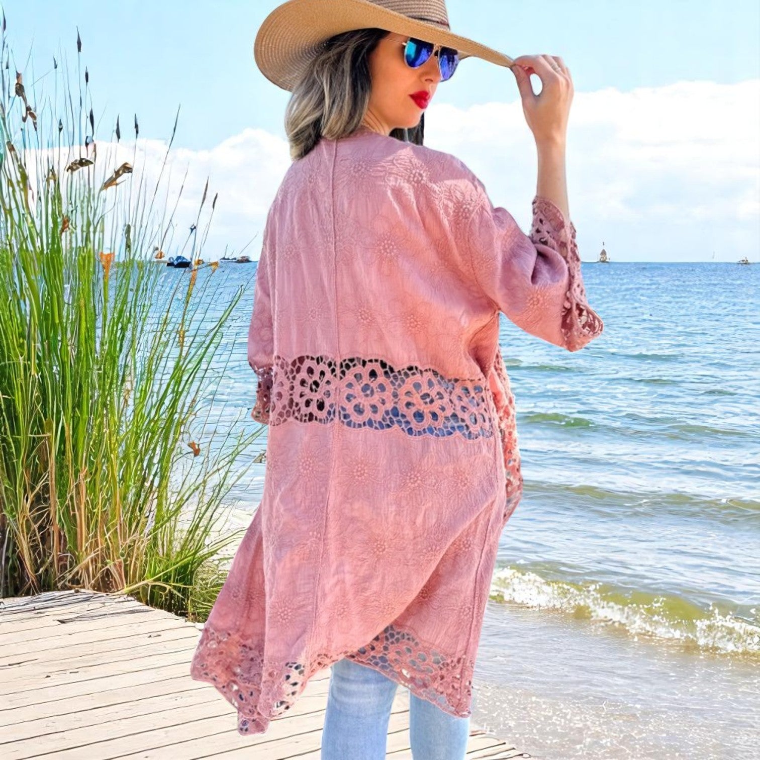 Mauve Pink Floral Textured Lace Detail Kimono - Mellow Monkey
