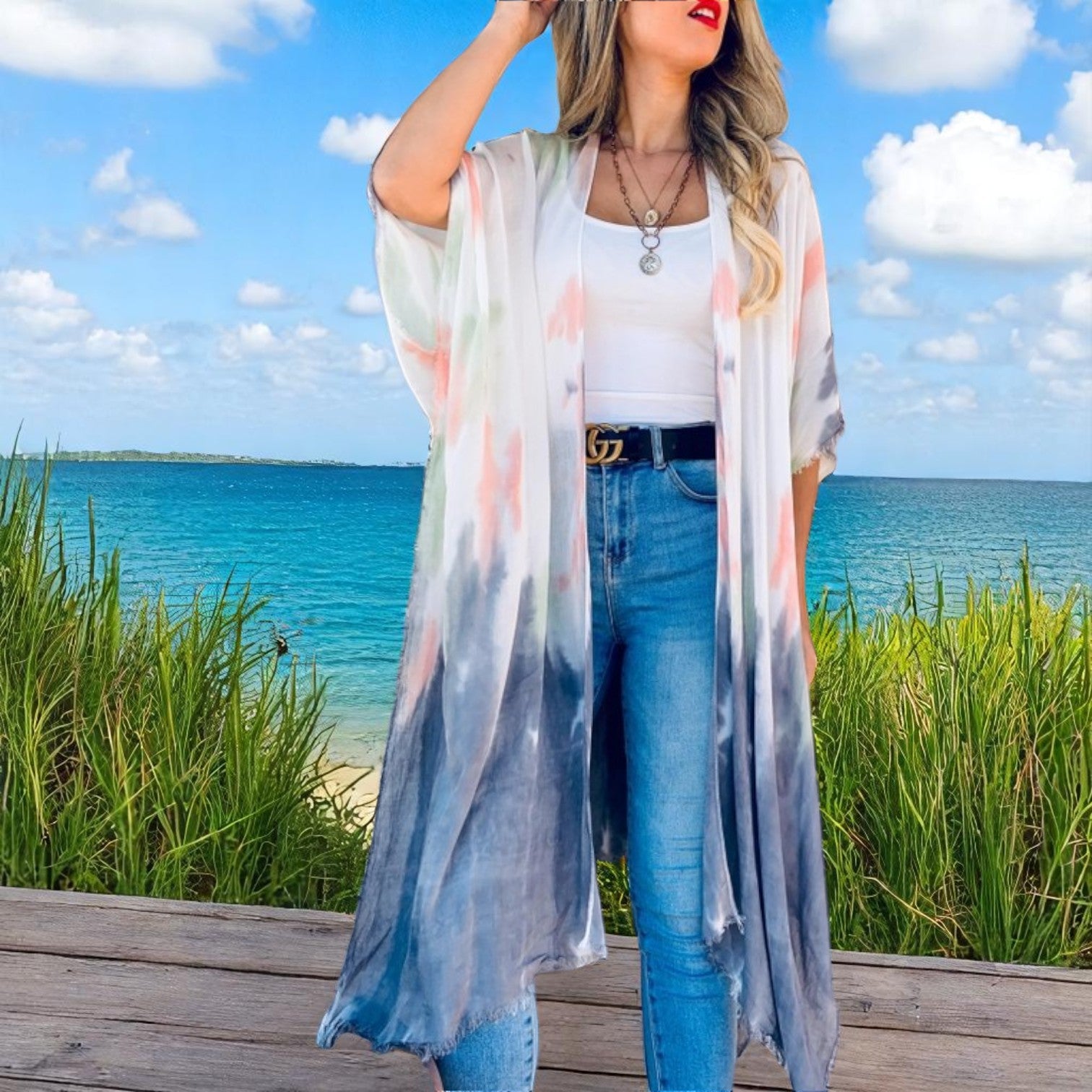 Kimono Long Denim Blue Tie Dye Long Swimsuit Kimono Cover Up