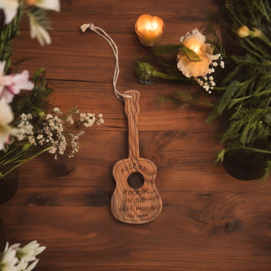 Keep On Rockin' In the Free World (Neil Diamond) - Engraved Wooden Guitar Ornament - Mellow Monkey