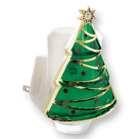 Mellow Monkey Christmas tree fragrance warmer with green evergreen design, gold trim, and red ornament accents.