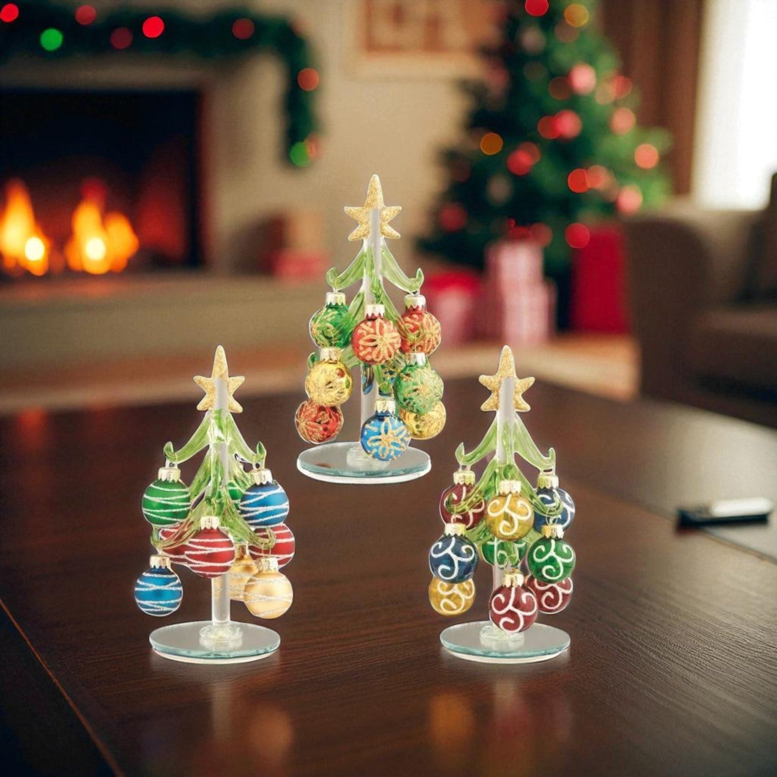 Green Glass Tree with Painted Ornaments - 6-in - Mellow Monkey