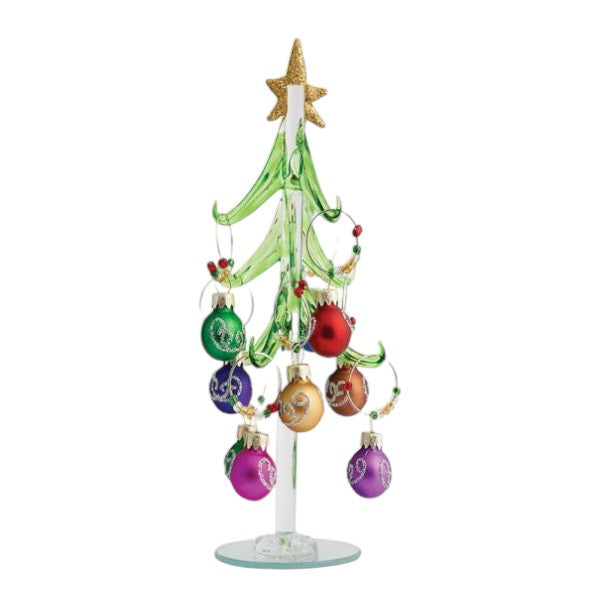 Green Glass Tree with Ornament Wine Charms - 8-in - Mellow Monkey