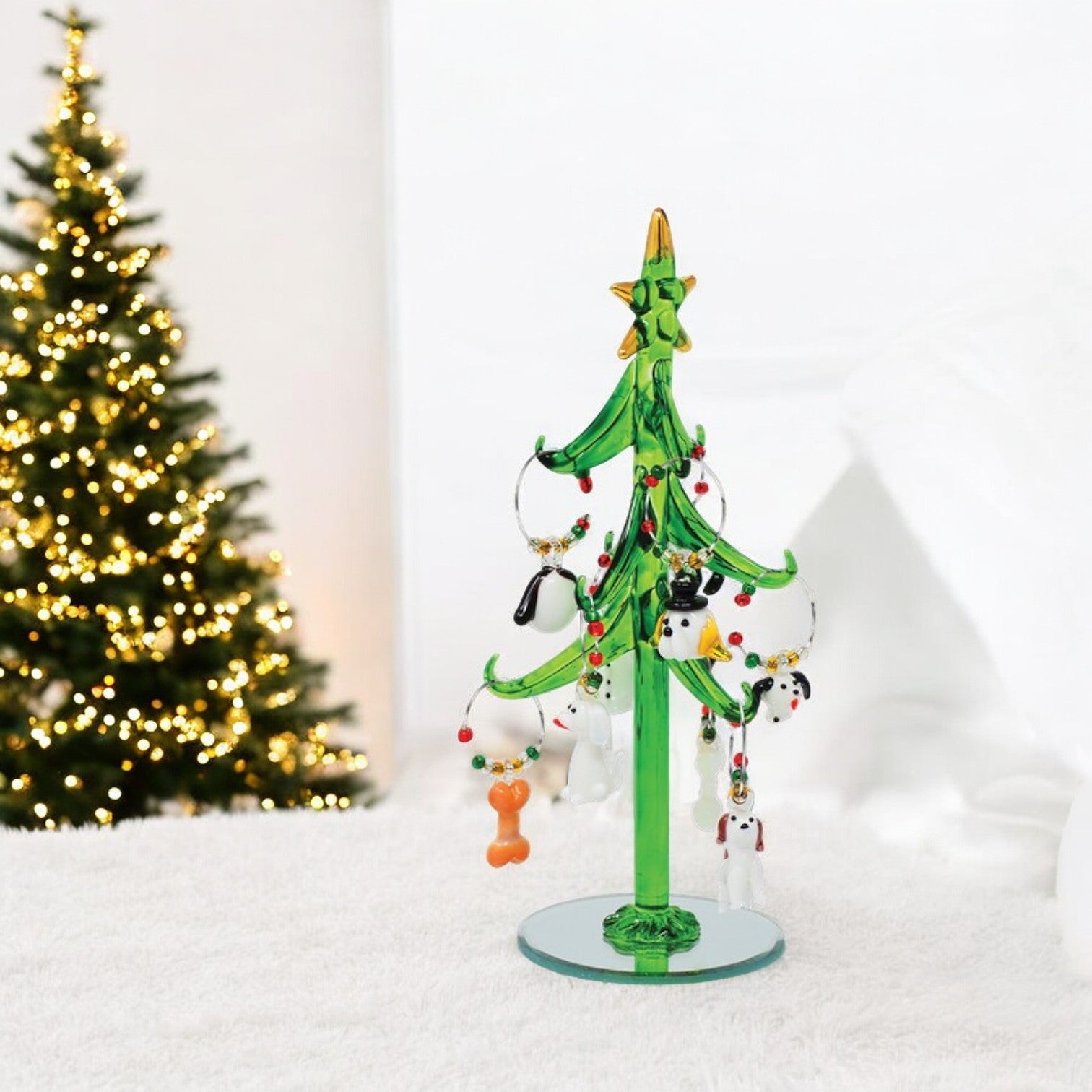 Green Glass Tree with Dog Wine Charms - 8-in - Mellow Monkey