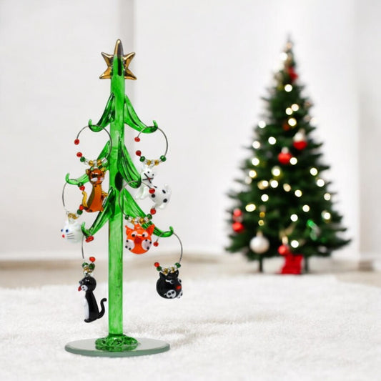 Green Glass Tree with Cat Wine Charms - 8-in - Mellow Monkey