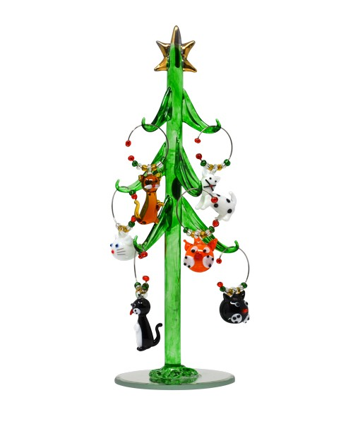 Green Glass Tree with Cat Wine Charms - 8-in - Mellow Monkey