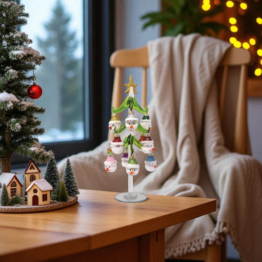 Green Glass Tree With 12 Snowman Ornaments - 10-in - Mellow Monkey
