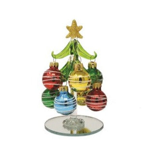 Green Glass Tree with Striped Ornaments - 5-in - Mellow Monkey