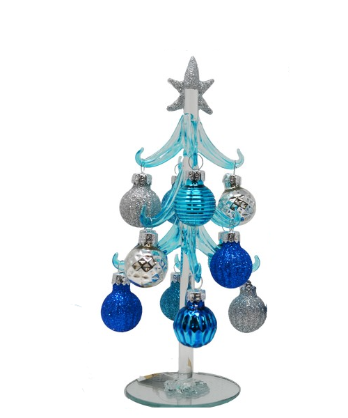 Blue Glass Tree with SOLID/TEXTURED Silver and Blue Ornaments - 8-in - Mellow Monkey