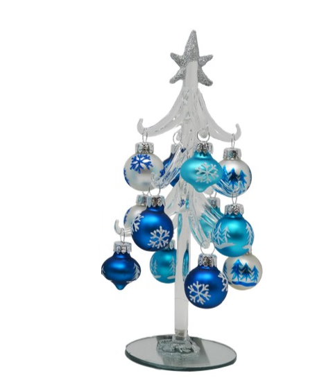 Clear Glass Tree with SNOWFLAKE Silver and Blue Ornaments - 8-in - Mellow Monkey