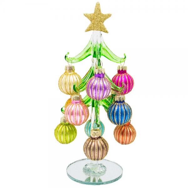 Green Glass Tree with Pastel Ridged Ornaments - 8-in - Mellow Monkey