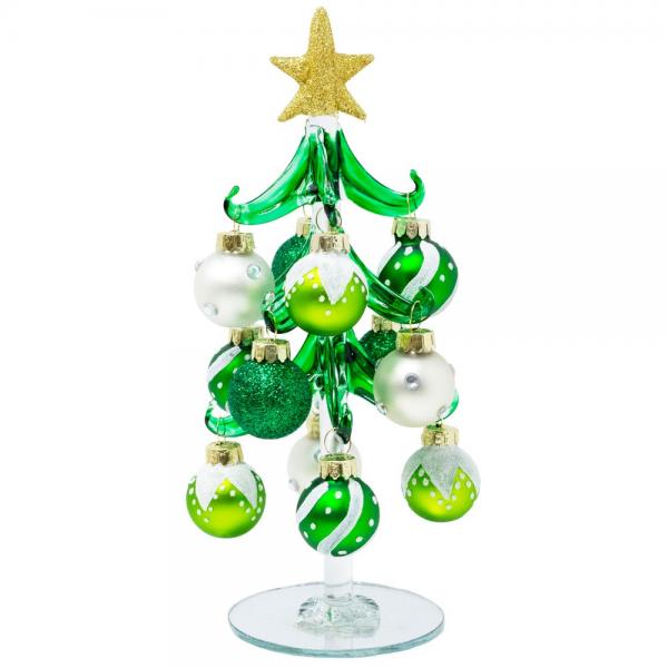 Green Glass Tree with Green and White Ornaments - 8-in - Mellow Monkey