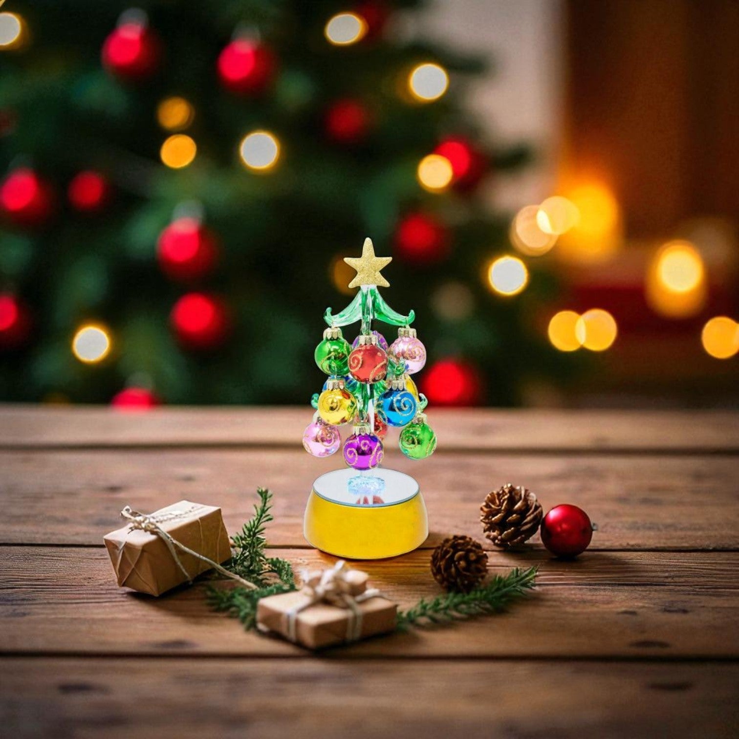 Green Glass LED Tree With Swirl Ornaments - 8-in. - Mellow Monkey