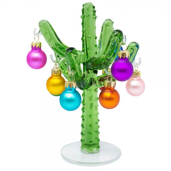 Green Glass Cactus with Ornaments - 7-in - Mellow Monkey
