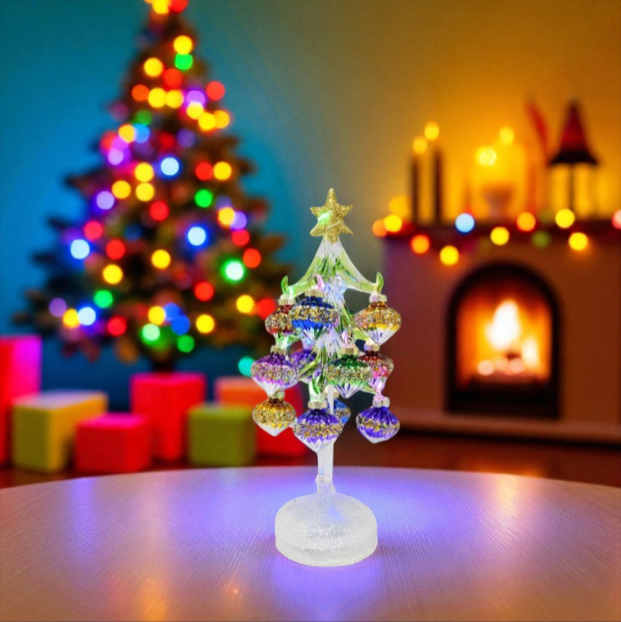 Green Glass LED Tree With Teardrop Ornaments - 10-in. - Mellow Monkey
