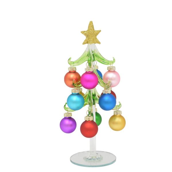 Green Glass LED Tree With Frosted Ornaments - 8-in. - Mellow Monkey