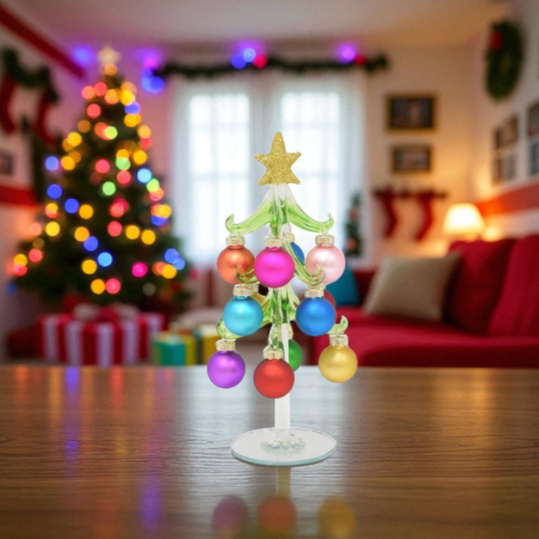 Green Glass LED Tree With Frosted Ornaments - 8-in. - Mellow Monkey