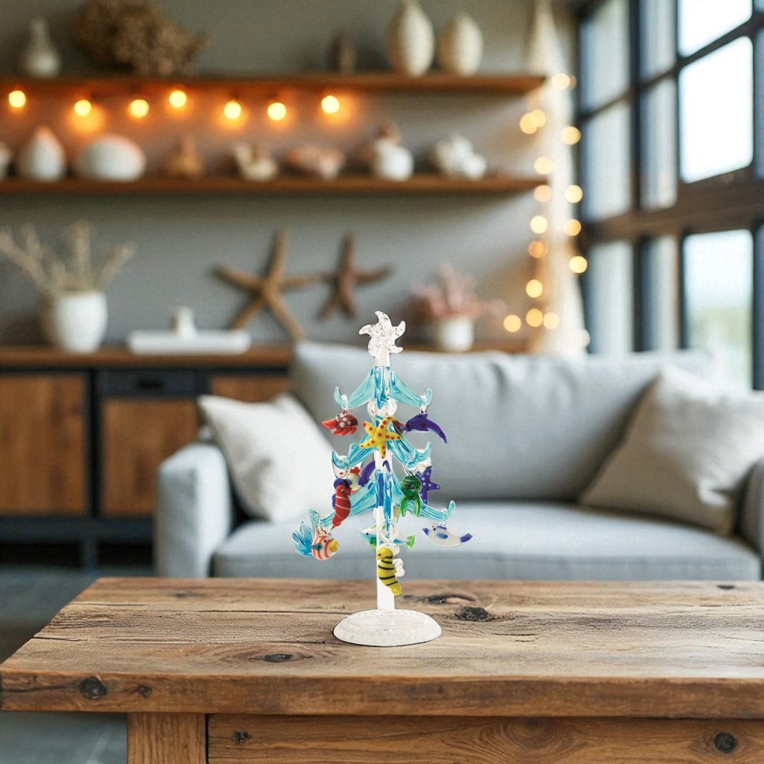 Blue Glass Tree With Sea Life Ornaments - 7.75-in. - Mellow Monkey