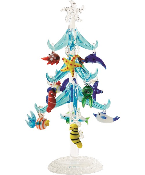 Blue Glass Tree With Sea Life Ornaments - 7.75-in. - Mellow Monkey