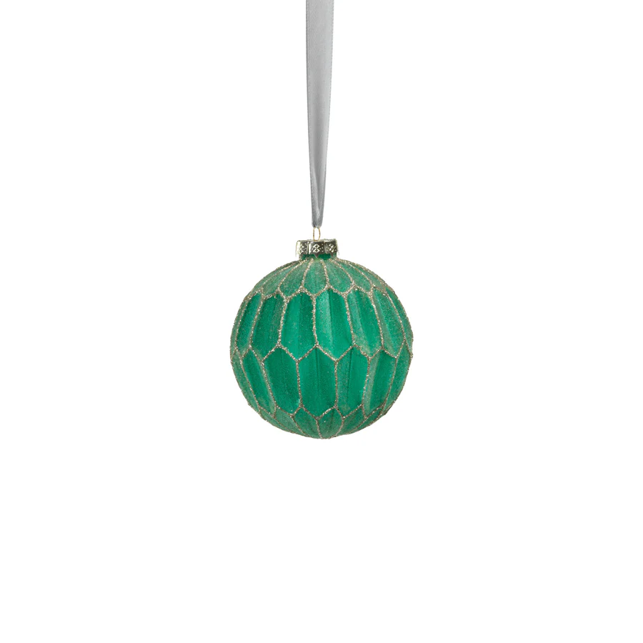 Green and Gold Honeycomb Glass Ball Ornament - 3-1/4-in - Mellow Monkey