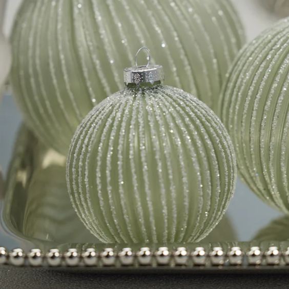 Grooved Green Glitter Glass Ball Ornament - 3-1/4-in - Mellow Monkey