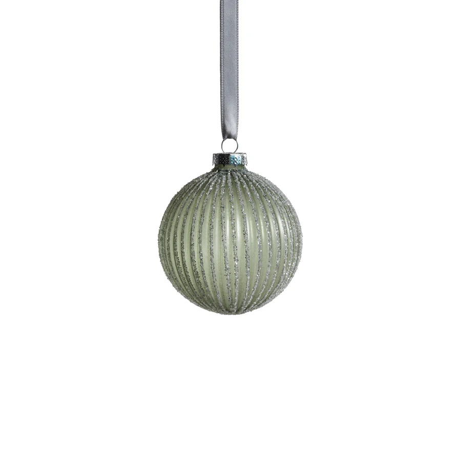 Grooved Green Glitter Glass Ball Ornament - 3-1/4-in - Mellow Monkey