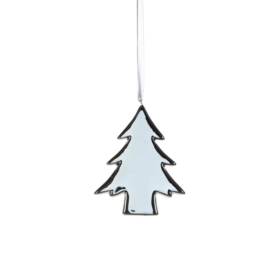 Silver Ceramic Tree Ornament - 4-1/4-in - Mellow Monkey