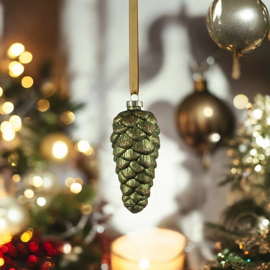 Green Glass Pine Cone Ornament - 5-in - Mellow Monkey