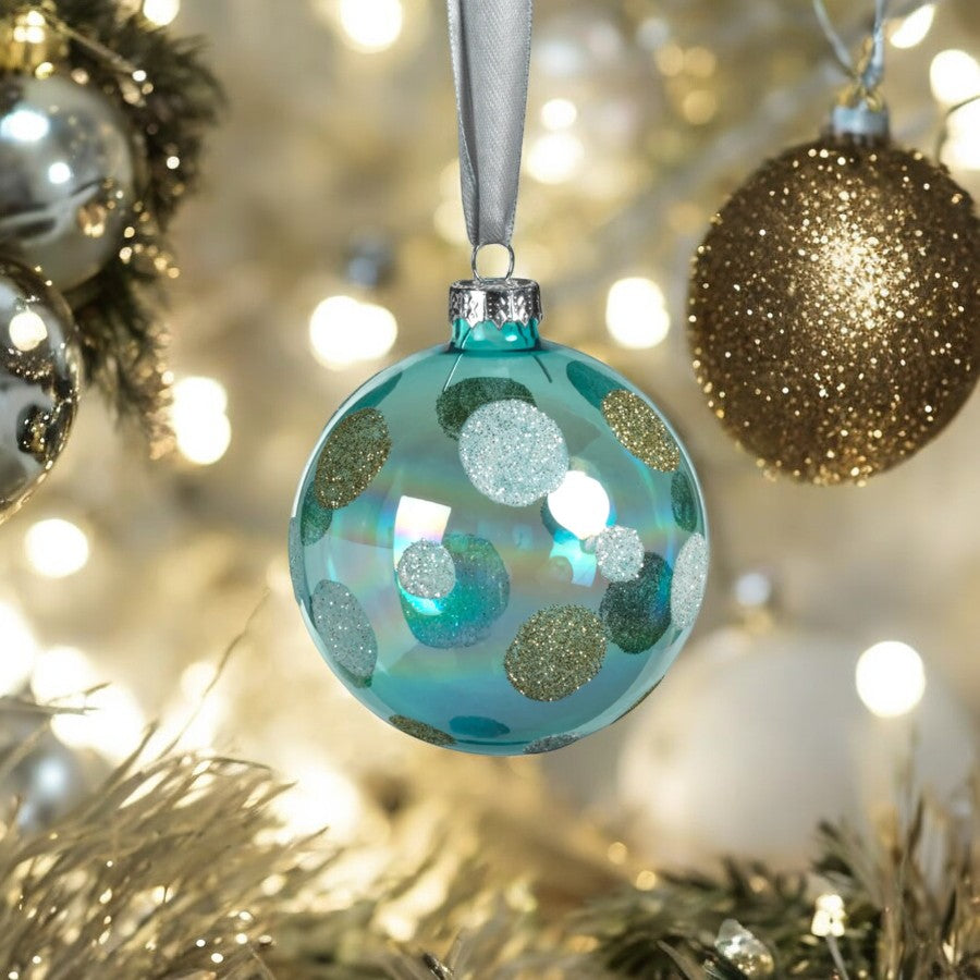 Blue Shimmer Glass Ball Ornament with Glitter Polka Dots - 3-in - Mellow Monkey