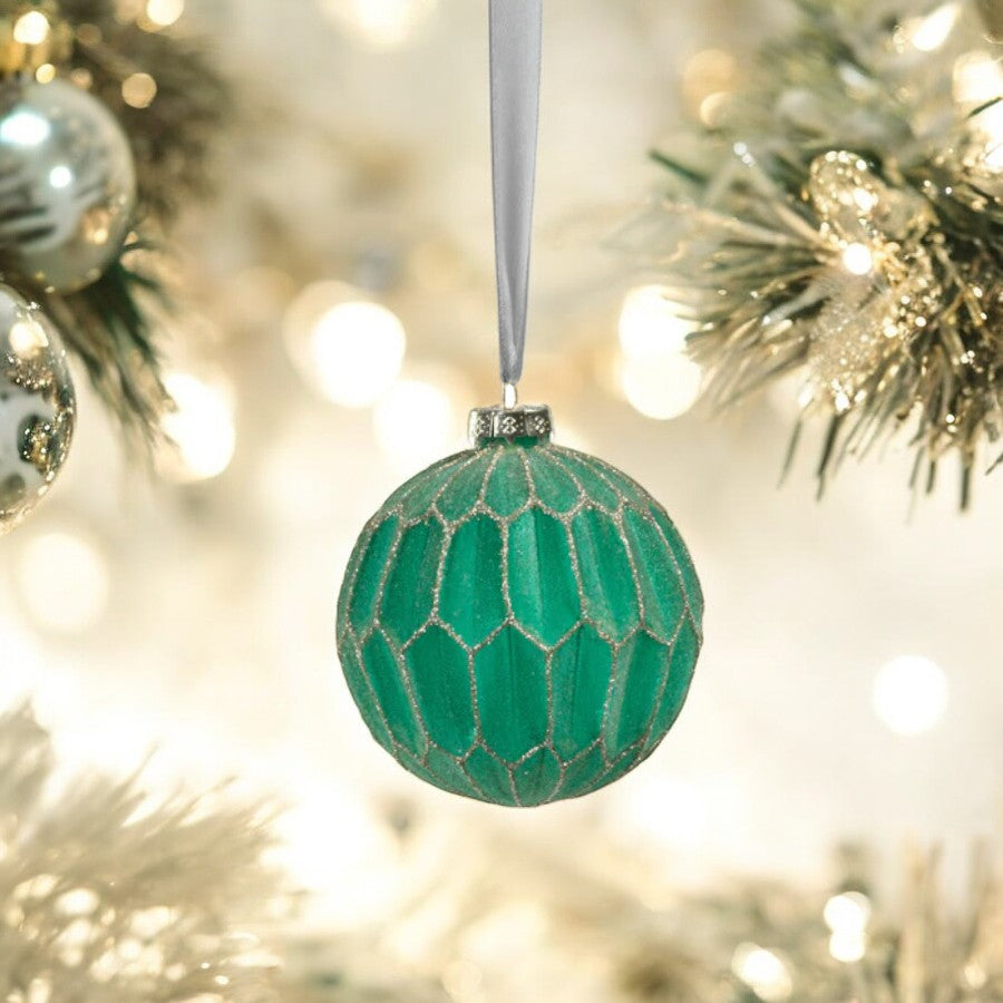 Green and Gold Honeycomb Glass Ball Ornament - 3-1/4-in - Mellow Monkey