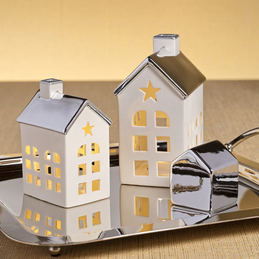 Porcelain LED House With Silver Roof - Mellow Monkey