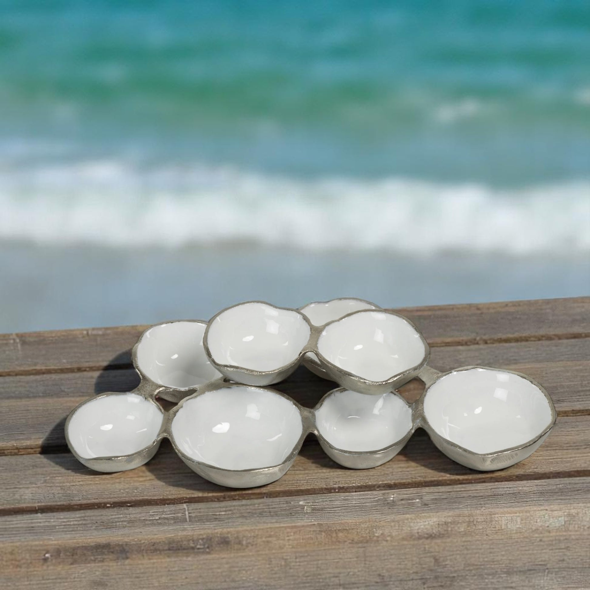 Small Cluster of Eight Serving Bowls - Nickel with White - 12.75-in - Mellow Monkey