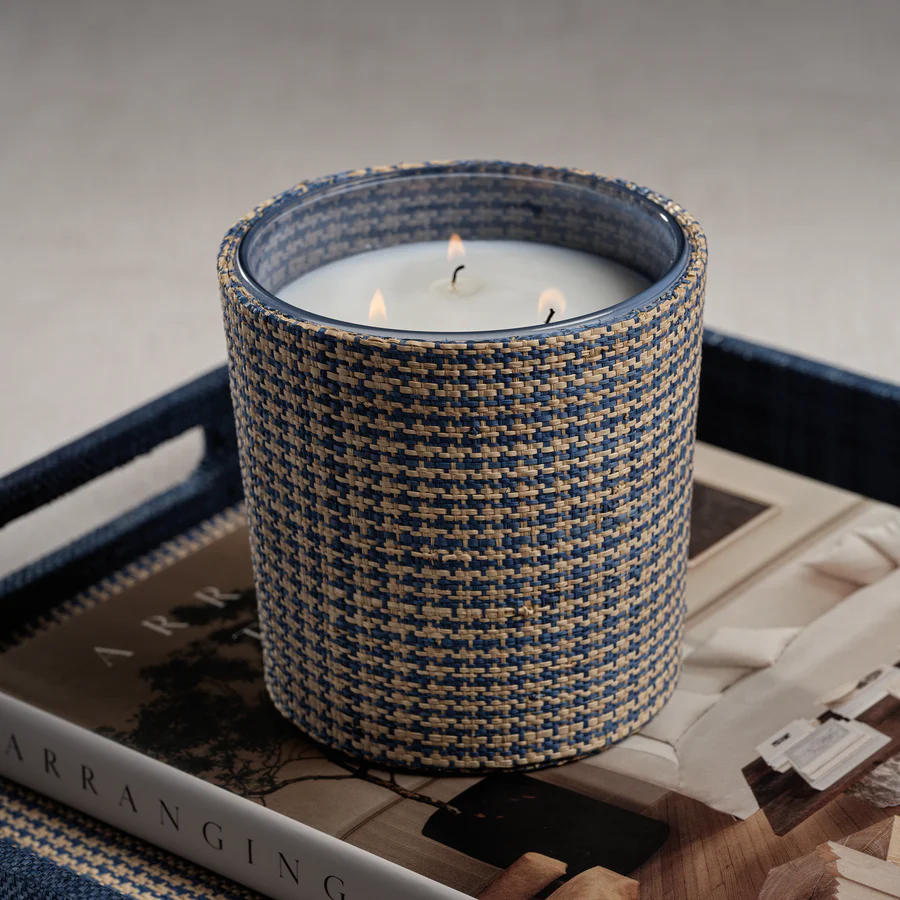 Candle in Natural Raffia Basket - 3 Wick 19 oz - Blue & Natural Houndstooth - Mellow Monkey