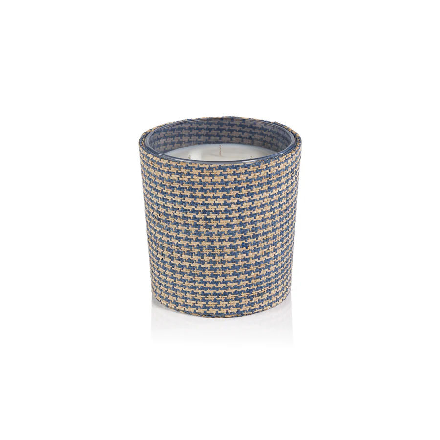 Candle in Natural Raffia Basket - 3 Wick 19 oz - Blue & Natural Houndstooth - Mellow Monkey