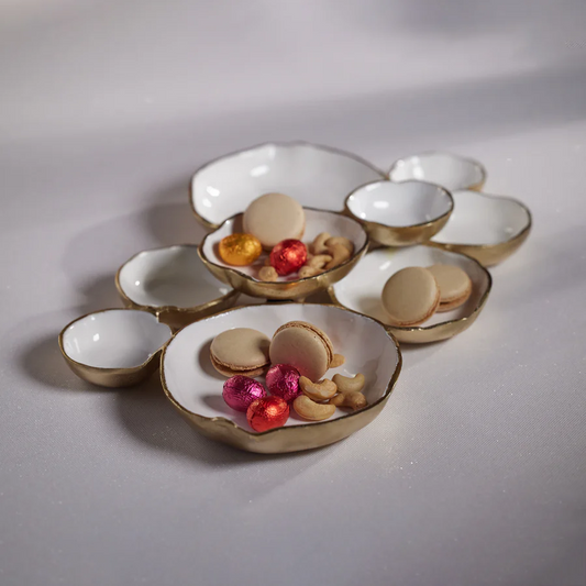 Cluster of Nine Round Serving Bowls - Gold and White - Mellow Monkey
