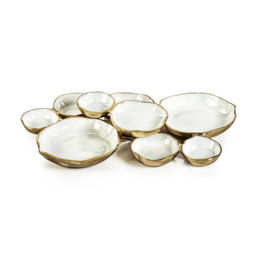 Cluster of Nine Round Serving Bowls - Gold and White - Mellow Monkey