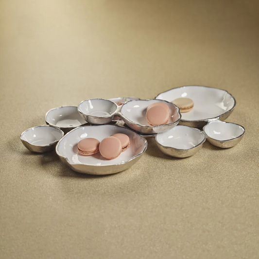 Cluster of Nine Round Serving Bowls - Nickel and White - Mellow Monkey