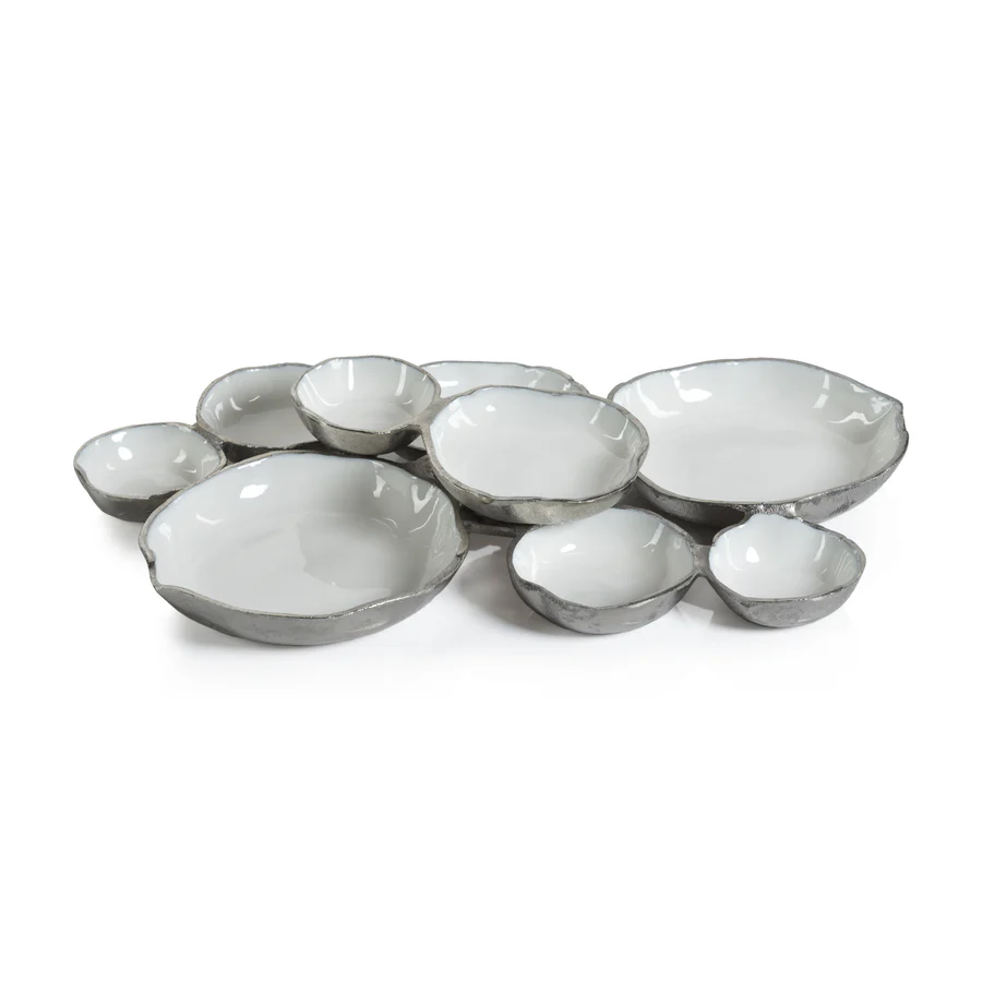 Cluster of Nine Round Serving Bowls - Nickel and White - Mellow Monkey