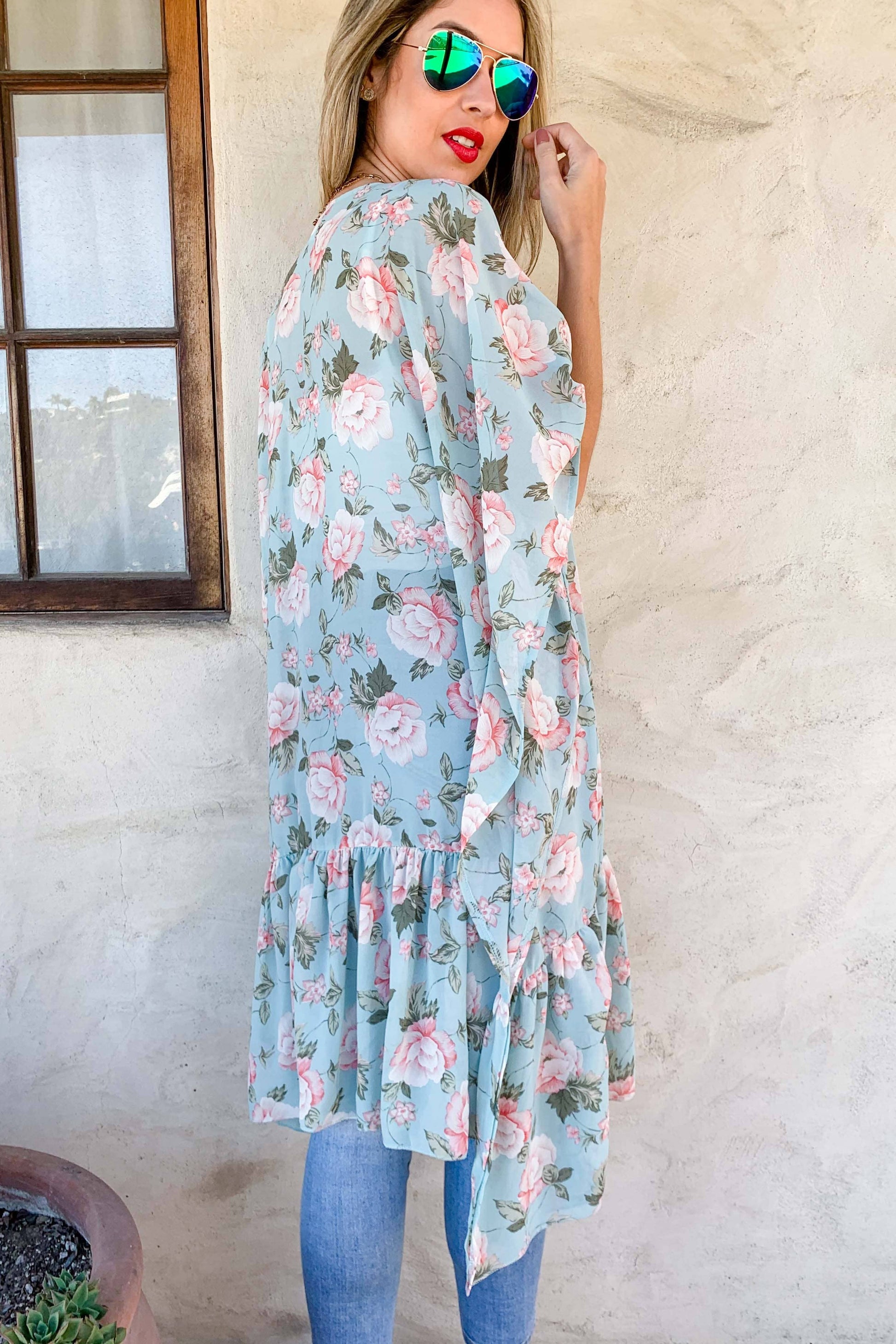 Mint Floral Printed Ruffle Bottom Chiffon Kimono Cover Up - Mellow Monkey