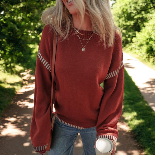 Contrast Trim Knit Sweater - Red