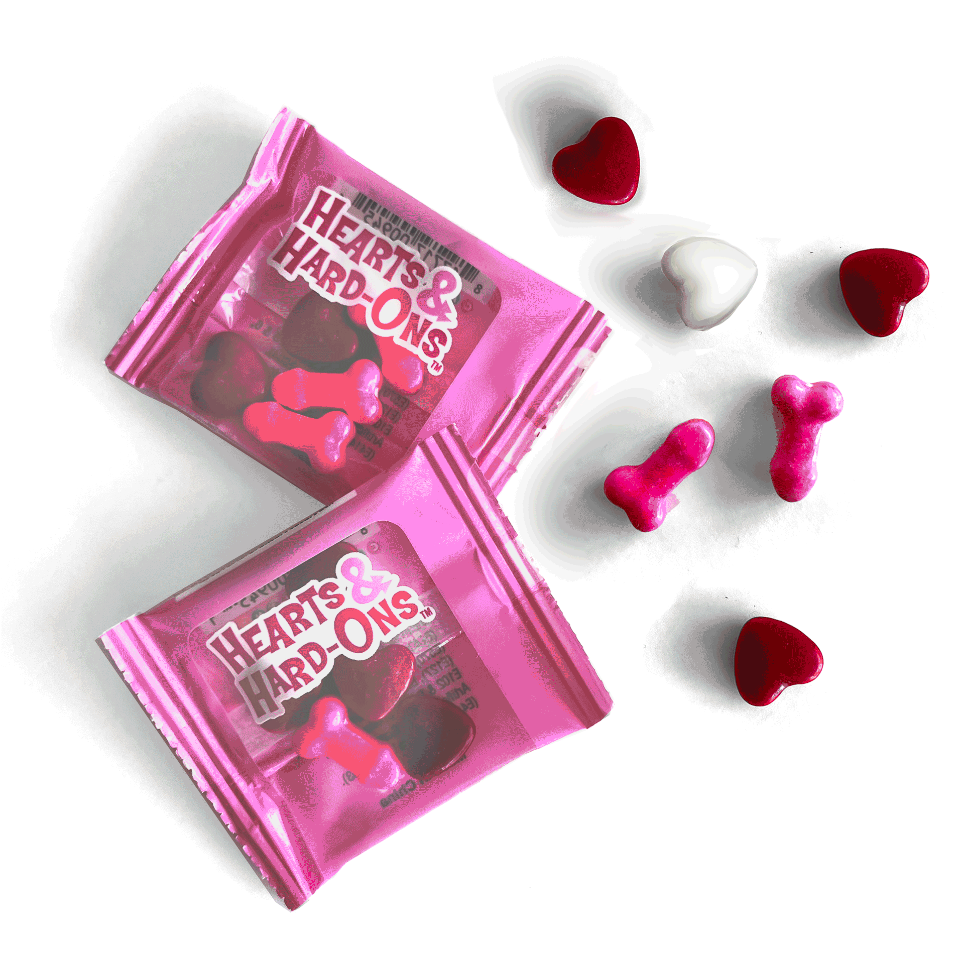 Pink packaging of 'Hearts & Hard-Ons' with heart and dog bone-shaped objects on a white background
