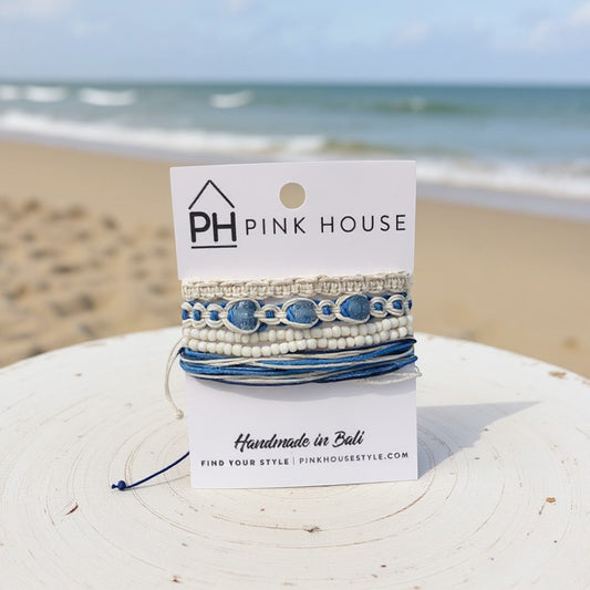 Handmade Coastal Beach Wrapped White and Blue Glass Beads 4-Piece Pull Bracelet Set - Blue - Mellow Monkey