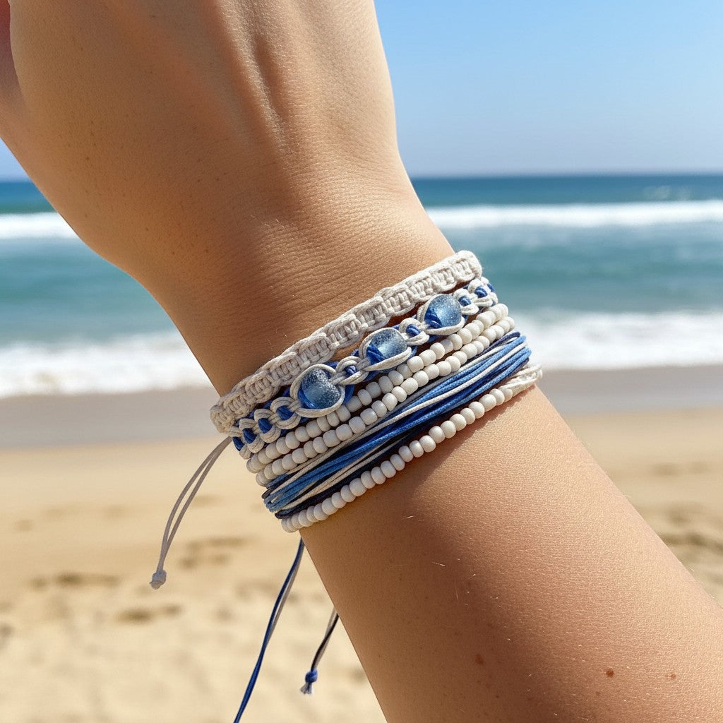 Handmade Coastal Beach Wrapped White and Blue Glass Beads 4-Piece Pull Bracelet Set - Blue - Mellow Monkey