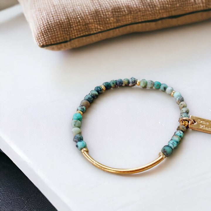 Debbie Kay Single Layering Gemstone Bracelet - Gold Tube and African Turquoise - Mellow Monkey