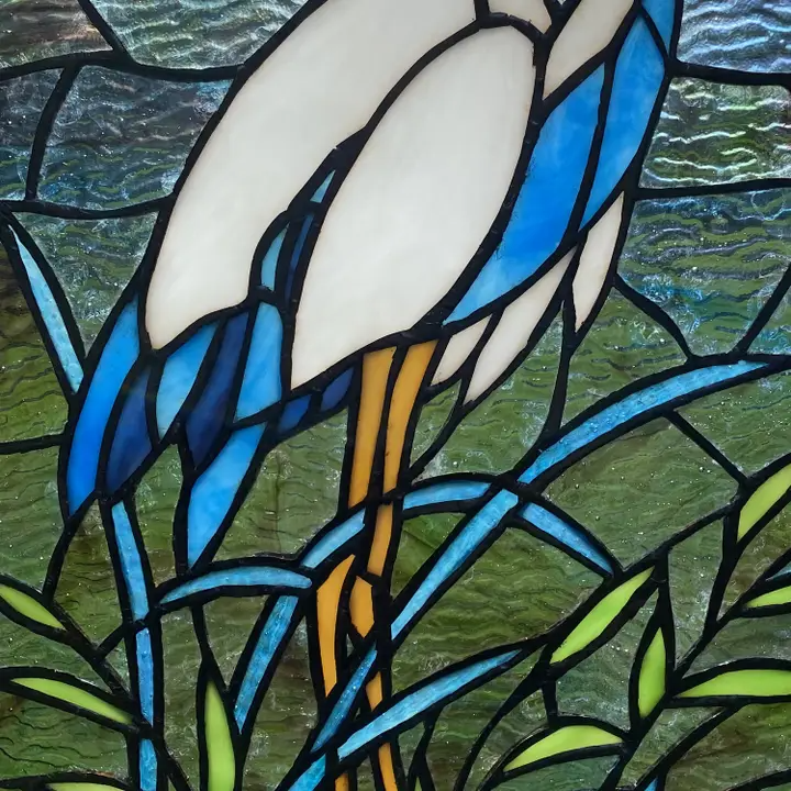 Majestic White and Blue Crane Stained Glass Window Pane - 18-in - Mellow Monkey