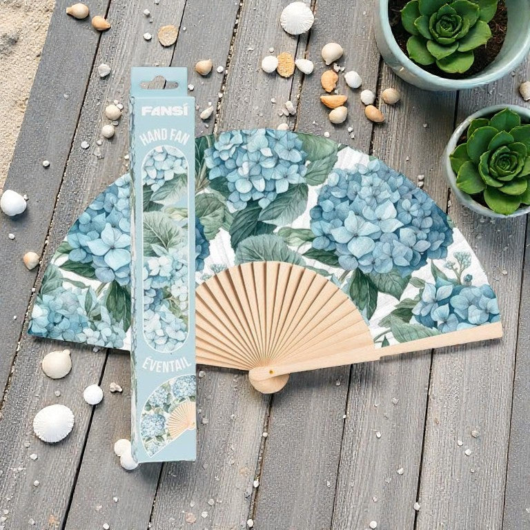 Hydrangea Hand Fan-Blue & Green-16"W - Mellow Monkey