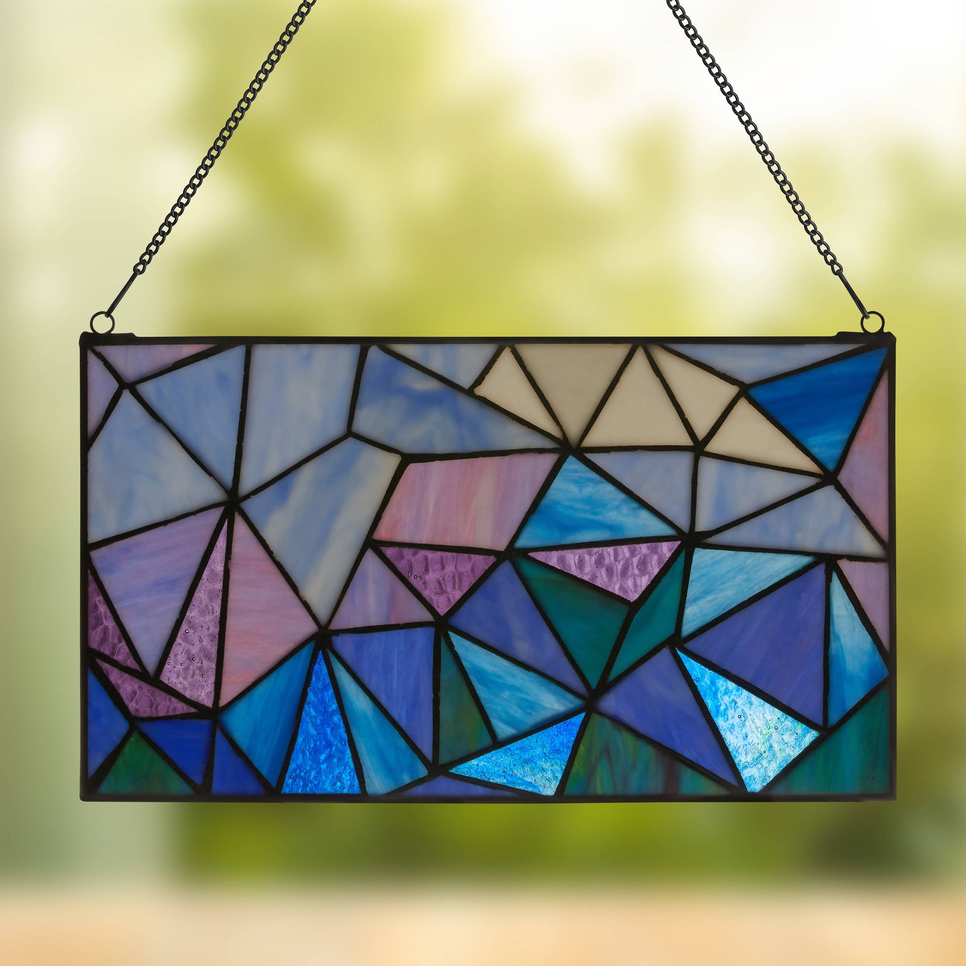 Geometric Abstract Blue Stained Glass Window Panel - 14-in - Mellow Monkey