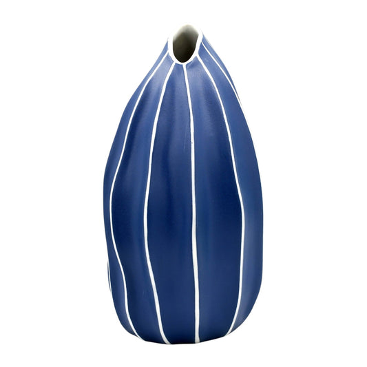 Seda - Handcrafted Porcelain Vase - Navy with White Stripes - 4.8 x 4.5 x 8.3 in - Mellow Monkey